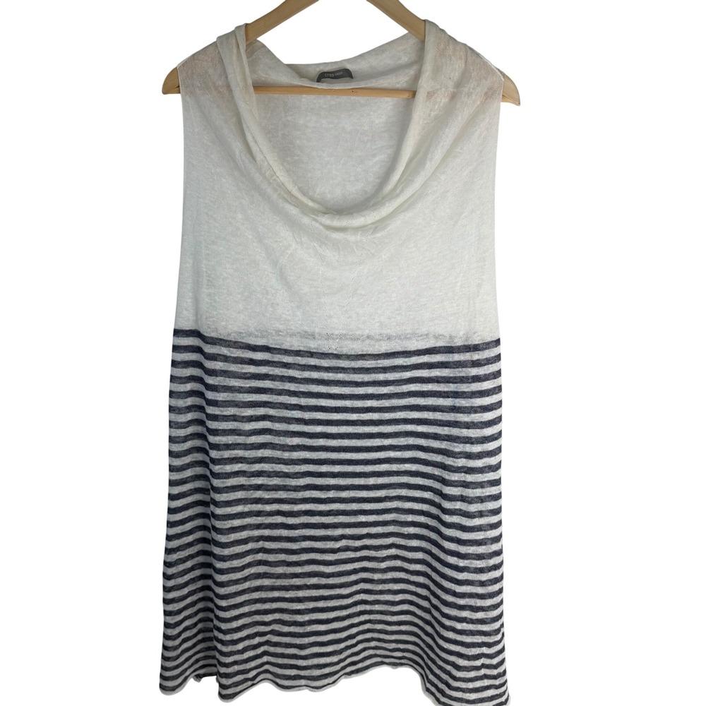 Crea Concept Linen Blend Cowl Neck Striped Sleeveless Tunic Top White Navy 44